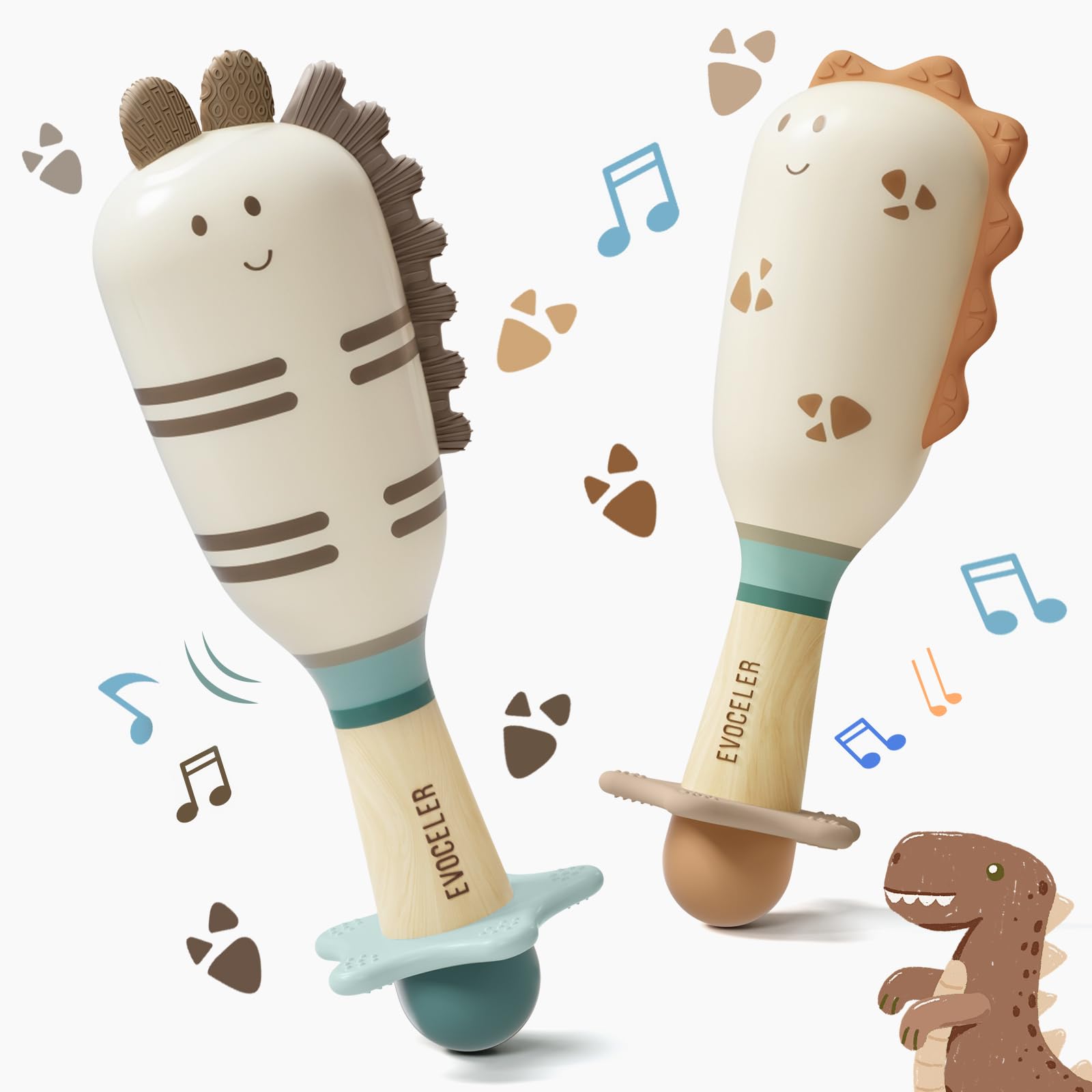 Evoceler Baby Toys, 2 Pac Dinosaur Rattles & Shaker Toys with Teether, Sensory Toys for 0+M Babies, Soft Silicone BPA Free, Perfect Size for Grasp and Shake, Ideal Baby Boy Girl Toy Gift