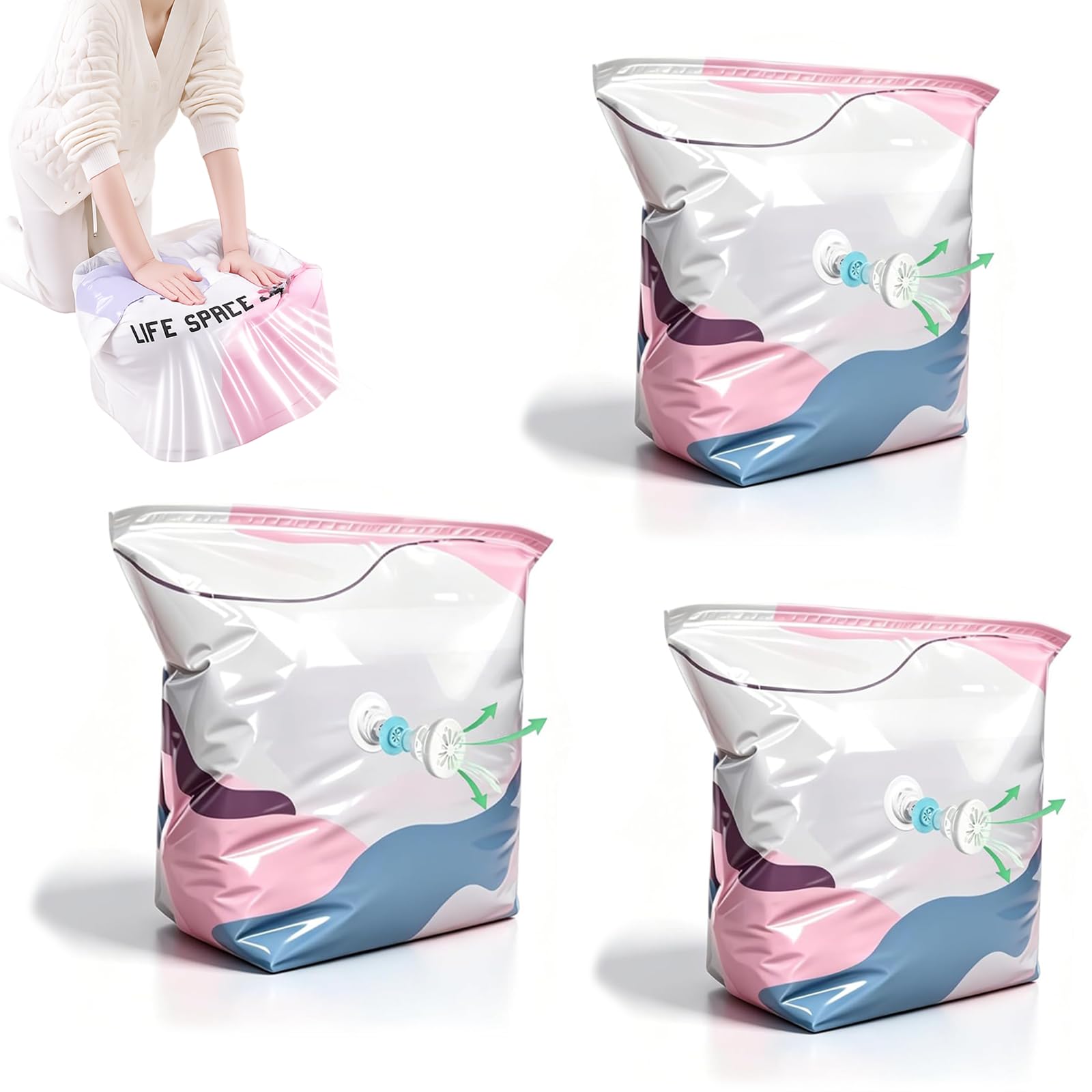 3 Pack No Pump Vacuum Storage Bags, Large Cube Compression Organizer for Comforters Bedding Clothes, Pump Free Press Seal Space Saver Bags, Reusable Heavy Duty for Closet Travel Moving (M*3PCS)