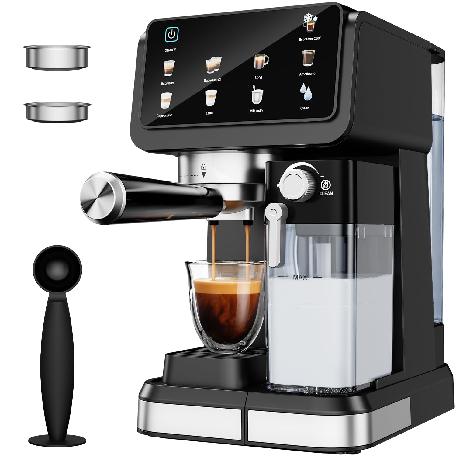 HIFRESH 20 Bar Automatic Coffee Machine with Milk Frother, 1350W Espresso Machine One-Touch Hot & Iced Espresso, Flat White, Latte & Cappuccino Coffee Maker with Brew Single Double Shots, Self-Clean