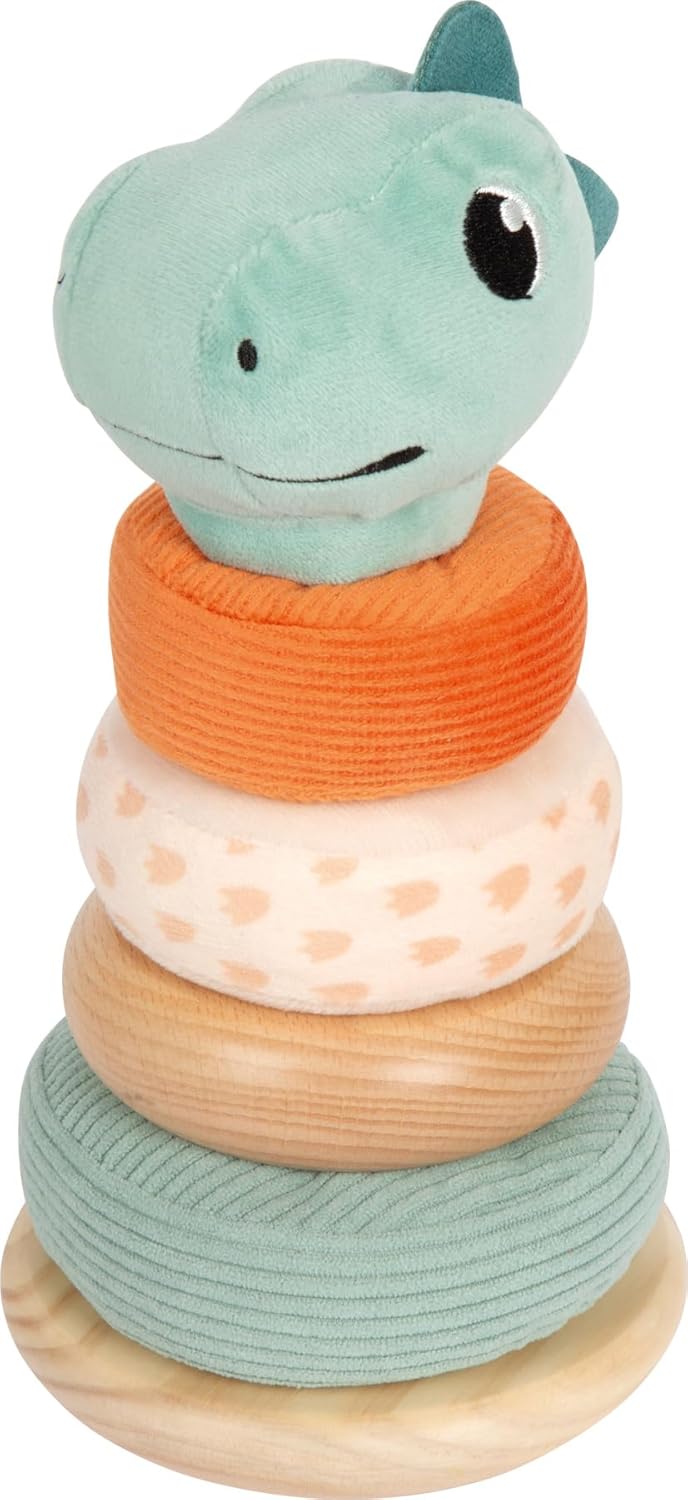 stapeltoren Dino Van hout en pluche, speelgoed voor motorische vaardigheden met kleurrijke stapelringen, voor kinderen vanaf 12 maanden, 12687