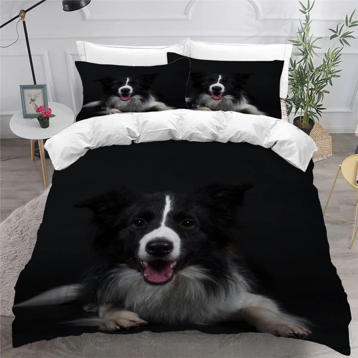 MEVASA Kids Bedding Border Collie Duvet Cover Set - Animal Dog Black Fluffy Microfiber Hypoallergenic Single Duvet Cover 3 Pieces /135x200