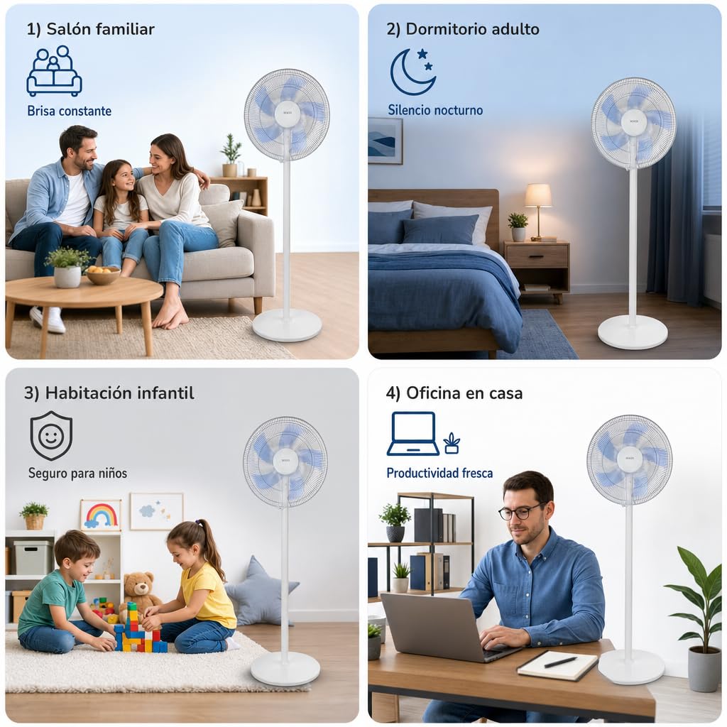 SOGO Ventilador de Pie Silencioso 40 cm con Altura Ajustable 90-125 cm - Ventilador Oscilante con 3 Velocidades y 5 Aspas - Ventilador Potente y de Bajo Consumo 50W Blanco SS-21245-W