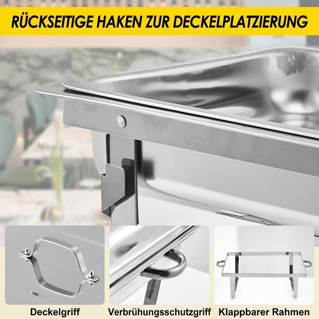 GarveeHome 2er Set Chafing Dish 7,5L Edelstahl Buffetwärmer Speisenwärmer | Brennpastenbehälter inkl.; Hochglanz-Optik; Rechteckig; Spülmaschinenfest; Warmhaltefunktion; Catering & Party-Zubehör