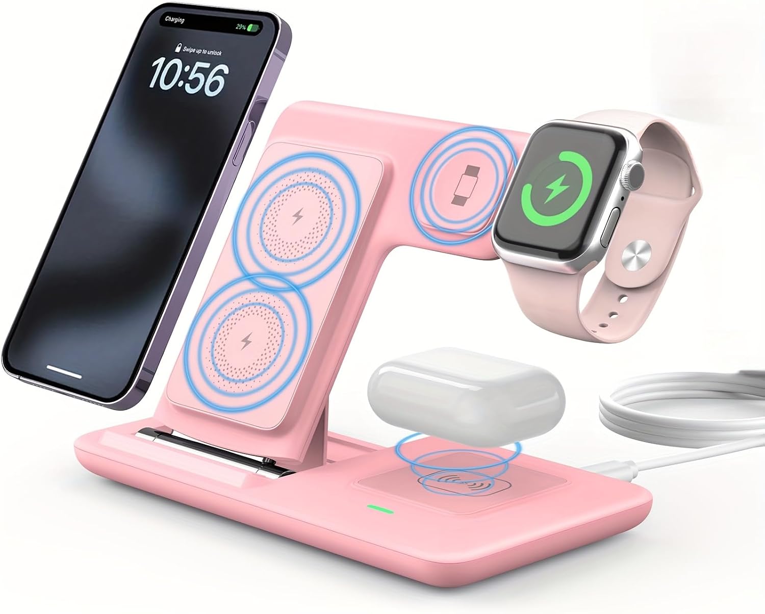 Foldable 3-in-1 Wireless Charging Station, Fast Charging Stand Dock for Smart Watch, Earbuds & Phone, Magnetic Connection, USB Powered