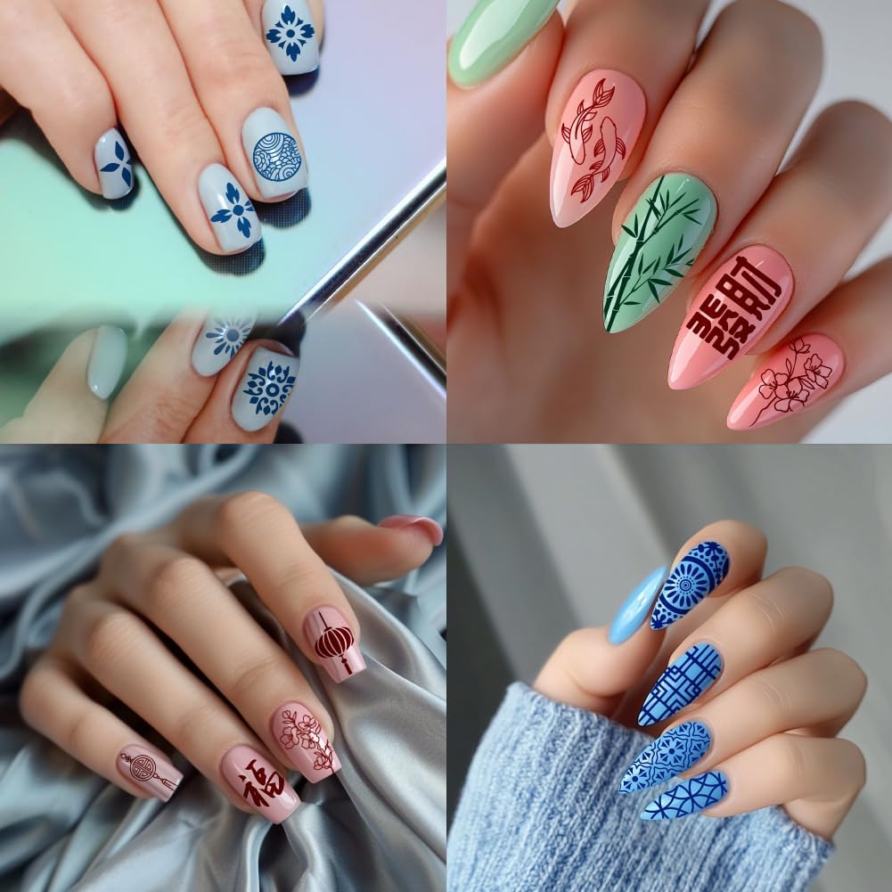 PH PandaHall 5pcs Traditional Chinese Style Nail Stamping Plates, Lucky Words Panda Flower Nail Stamper Texture Nail Art Stencils Stainless Steel Nail Image Plates for New Year Manicure Salon
