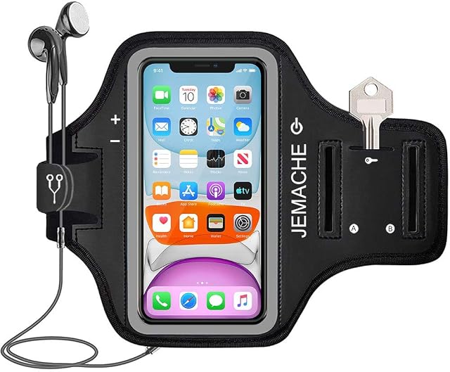 iPhone 15 14 13 12 11 Armband, JEMACHE Water Resistant Sport Running Exercise Workout Gym Arm Band for iPhone 15, 14, 13, 12, 11, XR with Key Holder (Black)