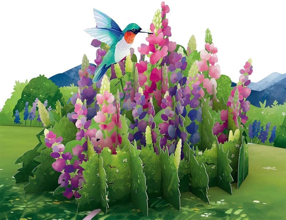 Lupine Hummingbird Pop-Up Card - Hummingbird Pop-Up Greeting Cards - 3D Birthday Card - 5" x 7" - Envelope Included