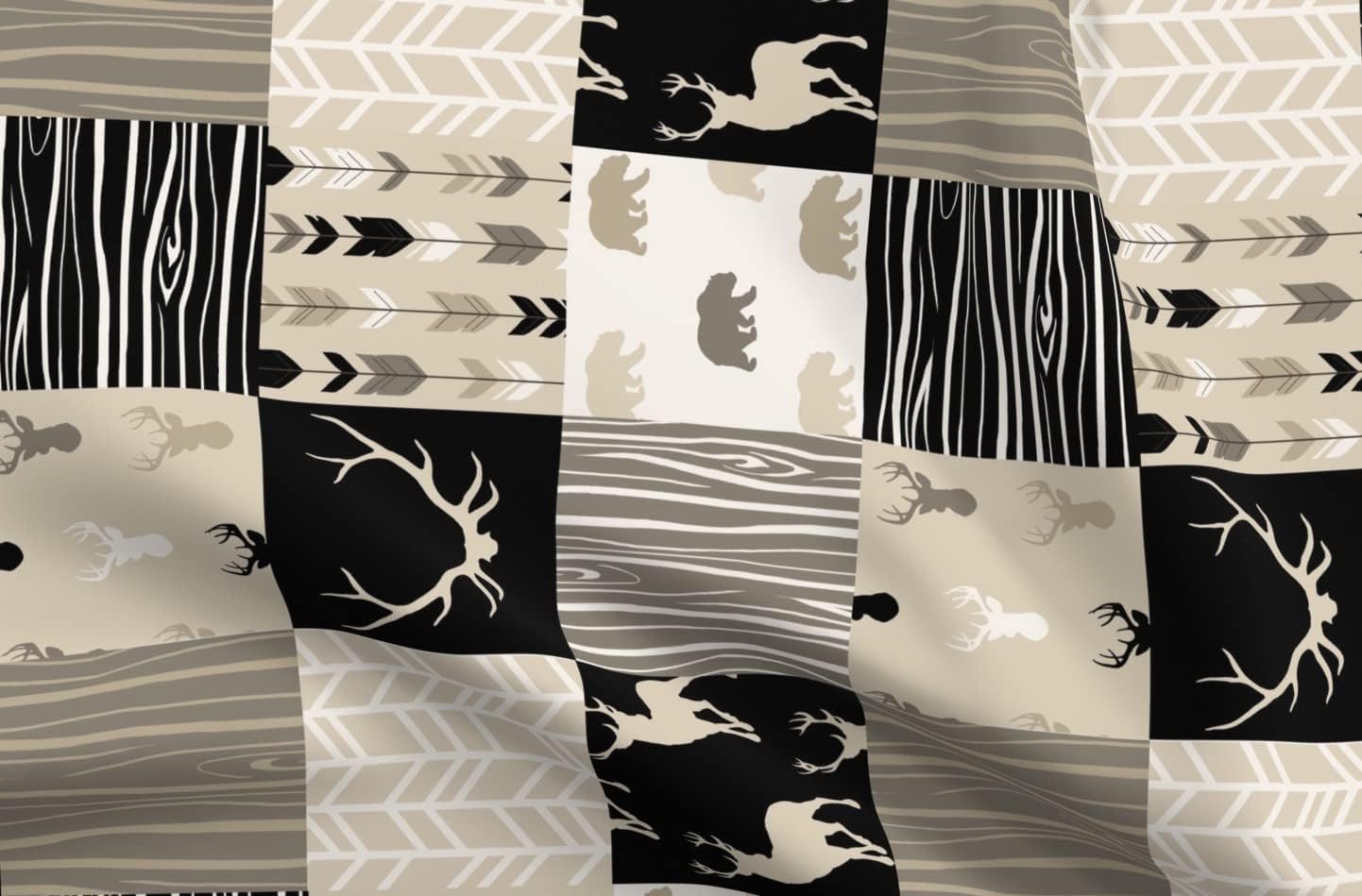 Spoonflower Fabric - Wholecloth Quilt Midnight Black Tan Deer Antlers Arrows Heads Bears Printed on Organic Cotton Sateen Fabric by The Yard - Sewing Quilting Apparel Home Decor