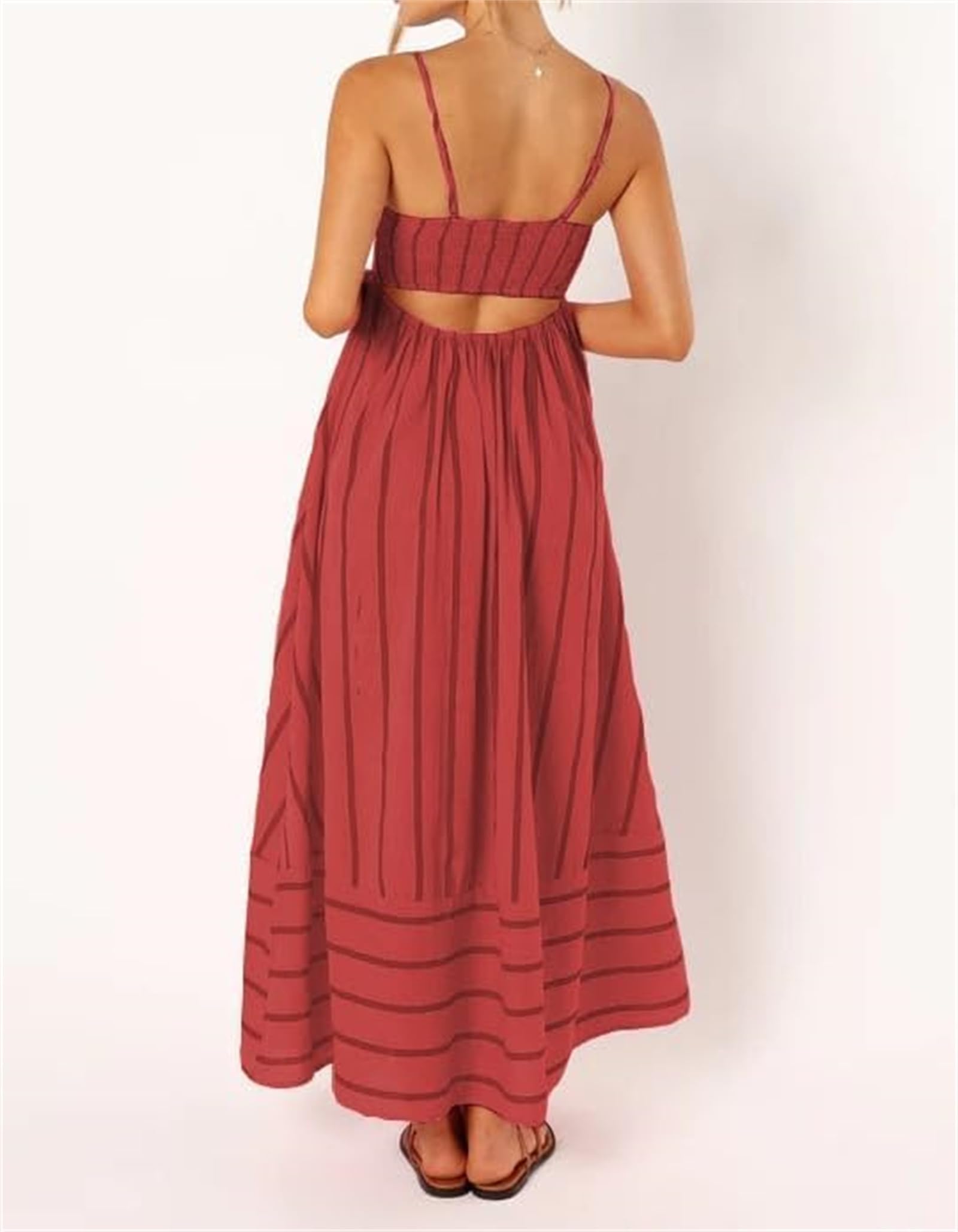 2026 - Maxi abito da donna a righe con punto smock sul retro, sexy, con spalline sottili ritagliate