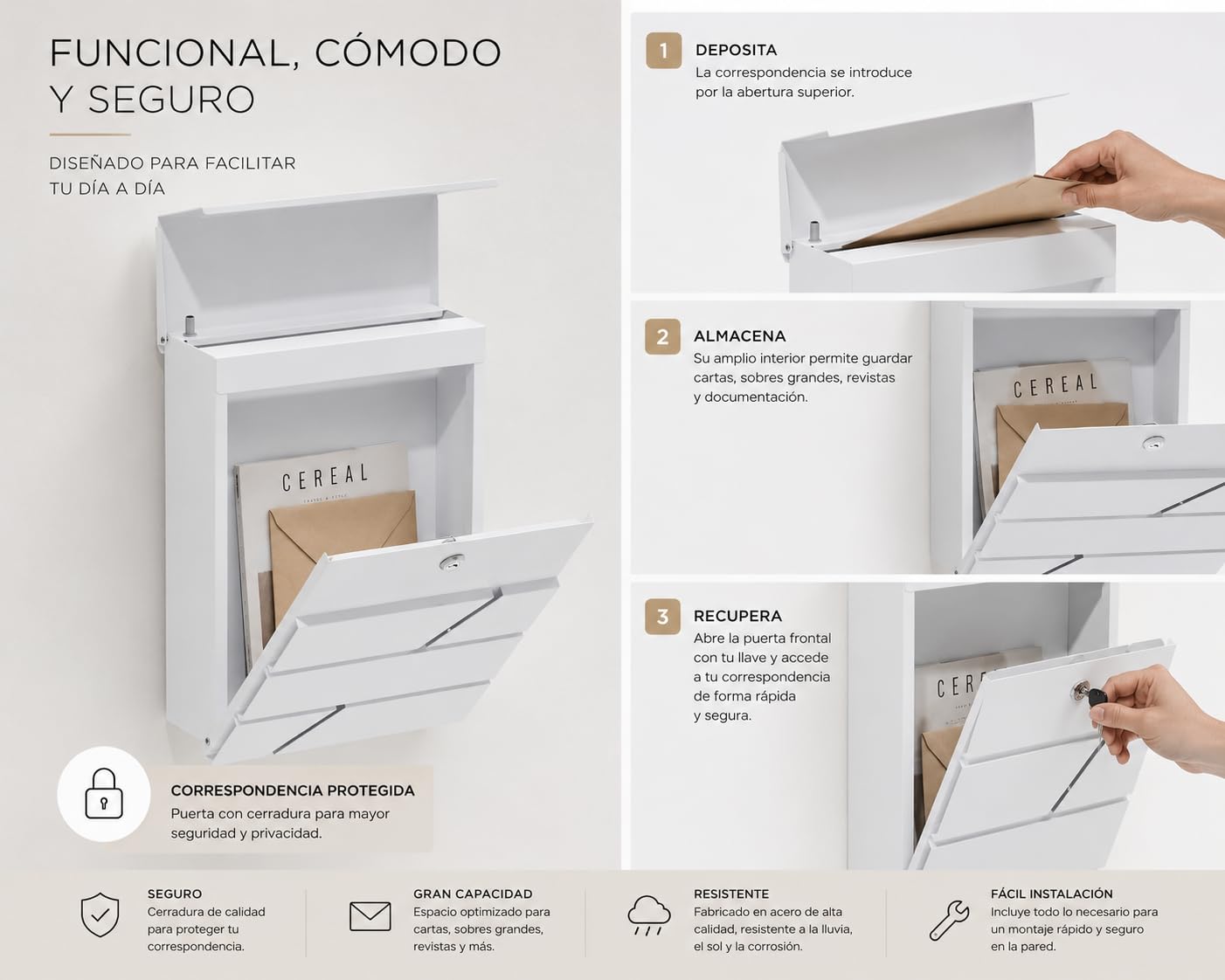 FERPASA® - Buzón Moderno de Pared para Exterior – Diseño Minimalista Premium en Acero Termolacado – Resistente a la Intemperie – Incluye Accesorios de Instalación (Negro)