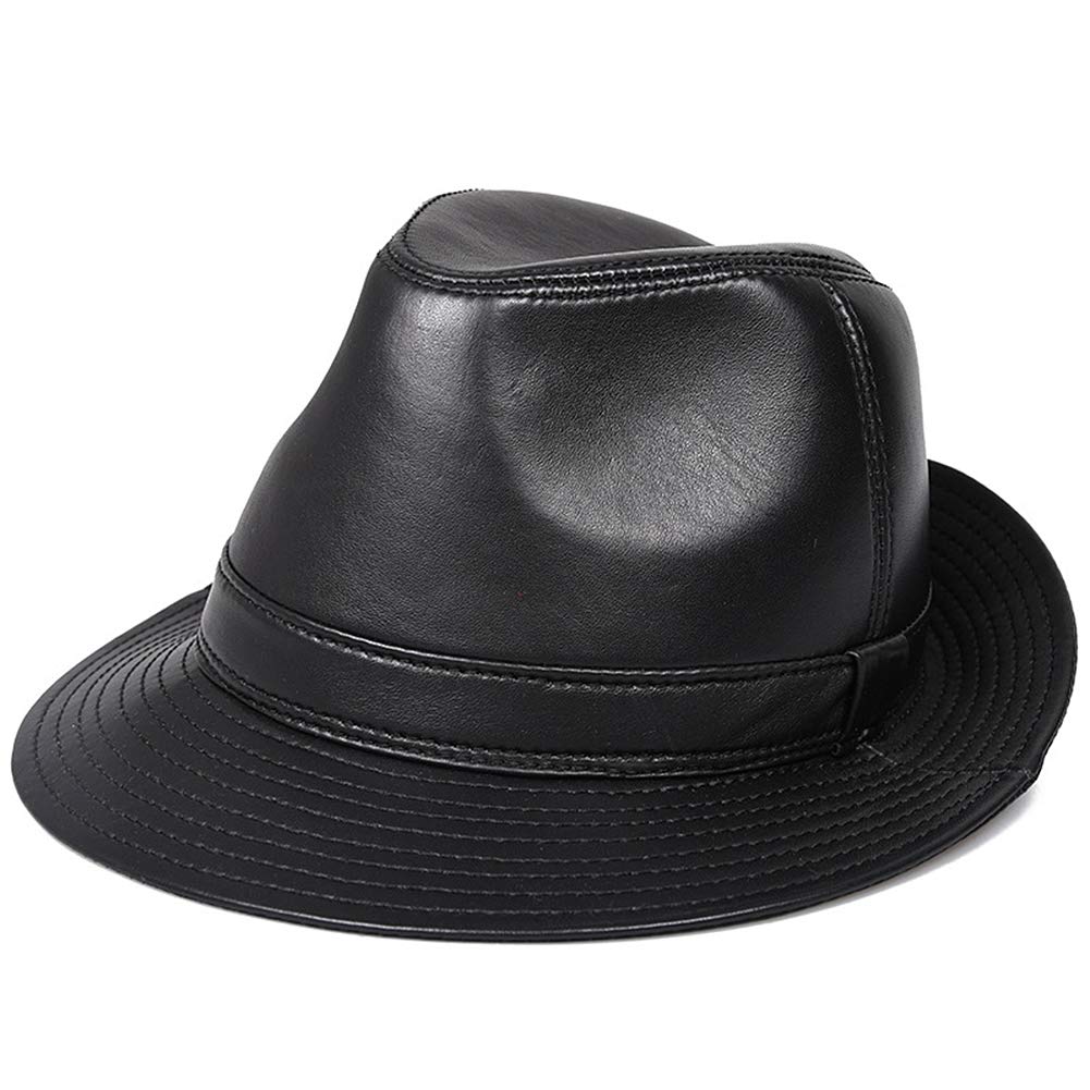 Mens Leather Trilby Fedoras Panama Jazz hat Short Brim Dome hat, Panama Style Gangster Jazz Classic Winter Cap Black