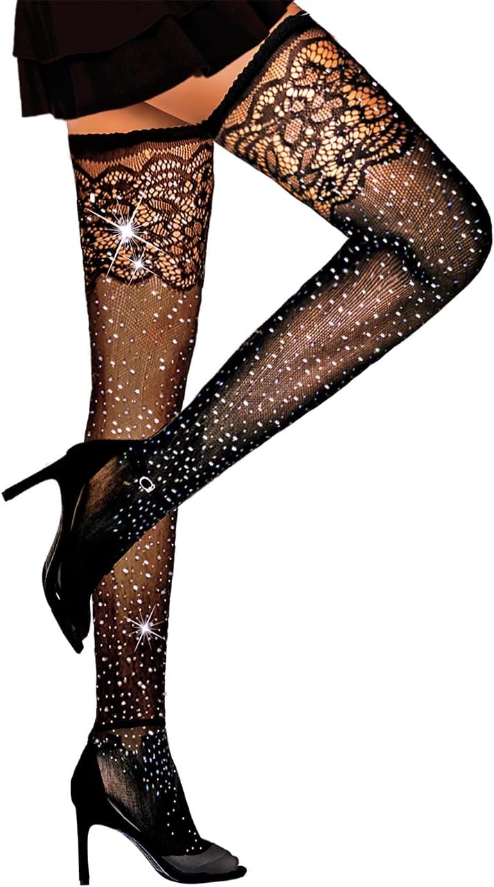 Women's Thigh High Stockings Sparkle Rhinestone Fishnets Sexy Mesh Tights Lace Pantyhose