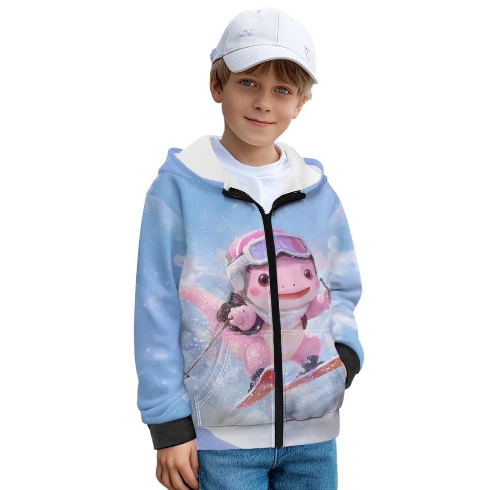 Niebieski śnieg różowy Axolotl nadruk graficzne bluzy z kapturem dla dzieci zamek błyskawiczny przednia bluza jesienno-zimowa kurtka z kieszeniami polarowa podszewka bluza z kapturem dla