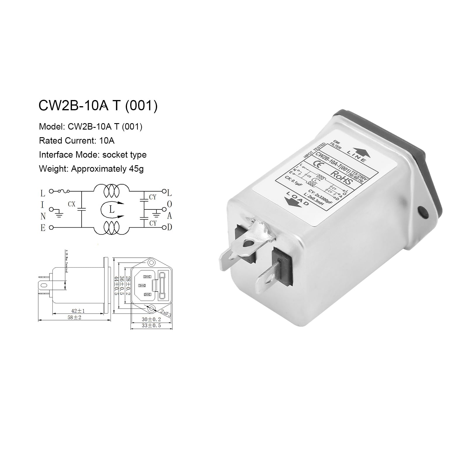 CW2B-10A-T (001) EMI Power Filter with 2 in 1 Fuse Plug, Single Fuse, 125/250V CW2B-10A-T (001) EMI Power Filter with 2 in 1 Fuse Plug, Single Fuse, 125/250V