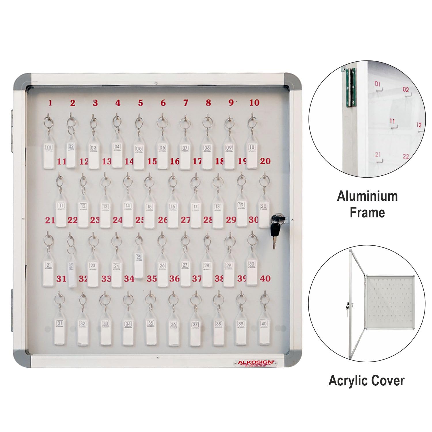 ALKOSIGN Key Cabinet for 40 Key-Chains with Laminated Back and Steel Fitted Hooks |Key Manager, Key Storage, Key Box, Lockable Key Holder, Key Organizer for Industrial Use, Factories, Offices, Hotels