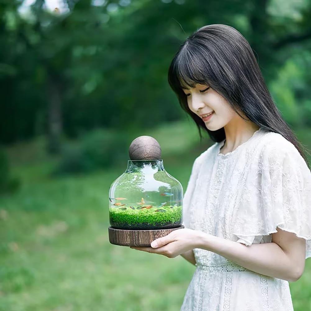 Szklane akwarium, miniaturowe terrarium krajobrazowe szklane akwarium z drewnianą podstawą, nowoczesne akwarium betta, małe akwarium do dekoracji domu i biura,L