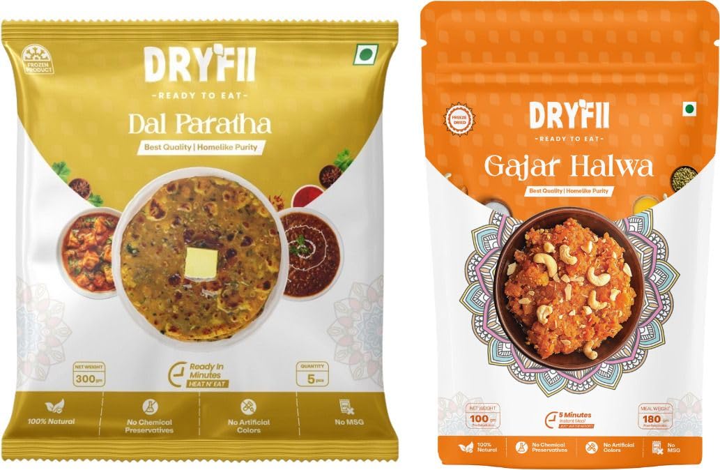 Dryfii Ready-to-Eat Dal Paratha (5 Pcs Parathas) with Gajar Halwa | Sweet Veg Combo Meal | Pure Vegetarian-image-42