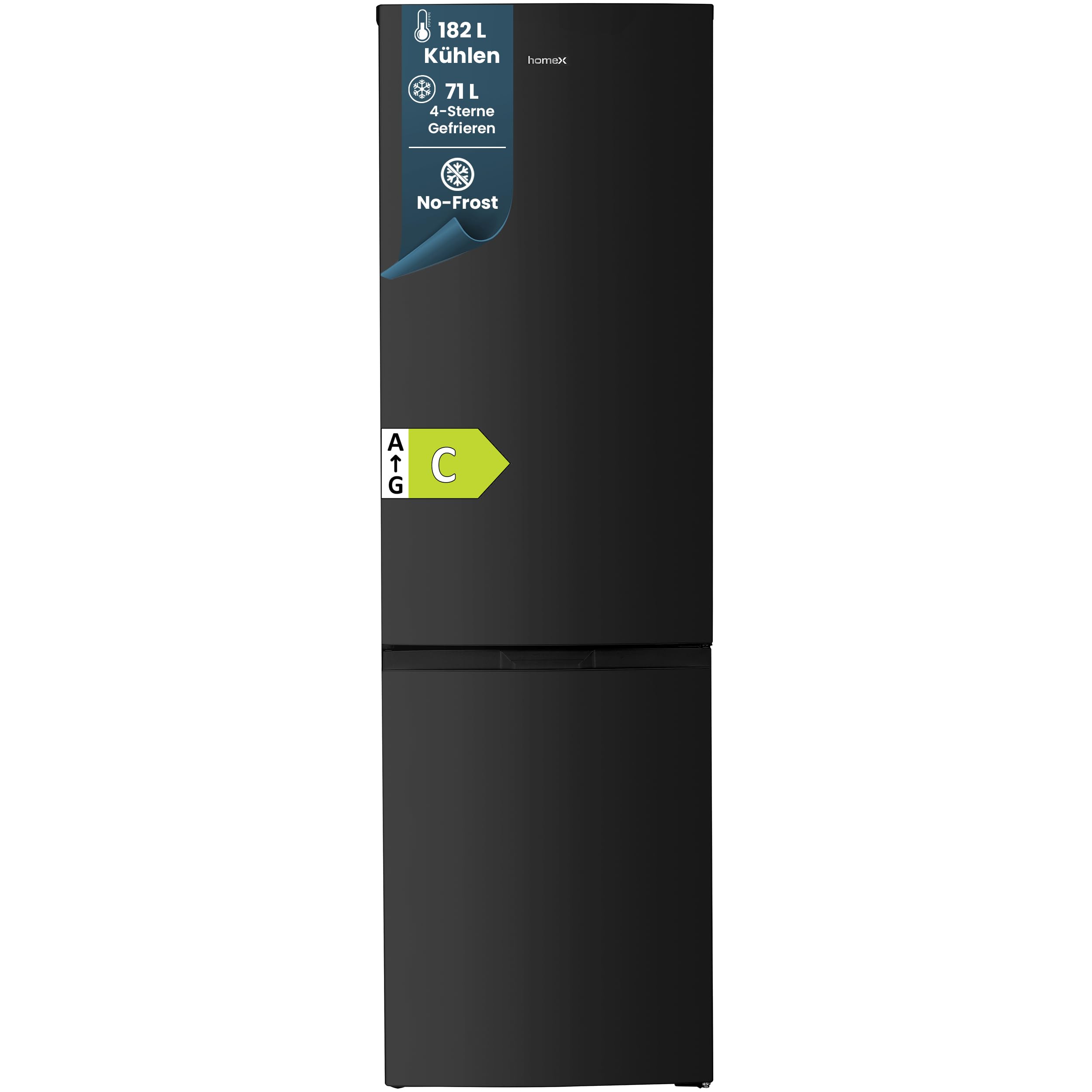homeX Kühlschrank mit Gefrierfach No Frost, Kühl-Gefrier-Kombination freistehend, groß - 253 Liter, Super-Frost-Funktion, leise Kühlgefrierkombi, EEK C, Kühl Gefrierkombination, schwarz, CFSN2531C-B