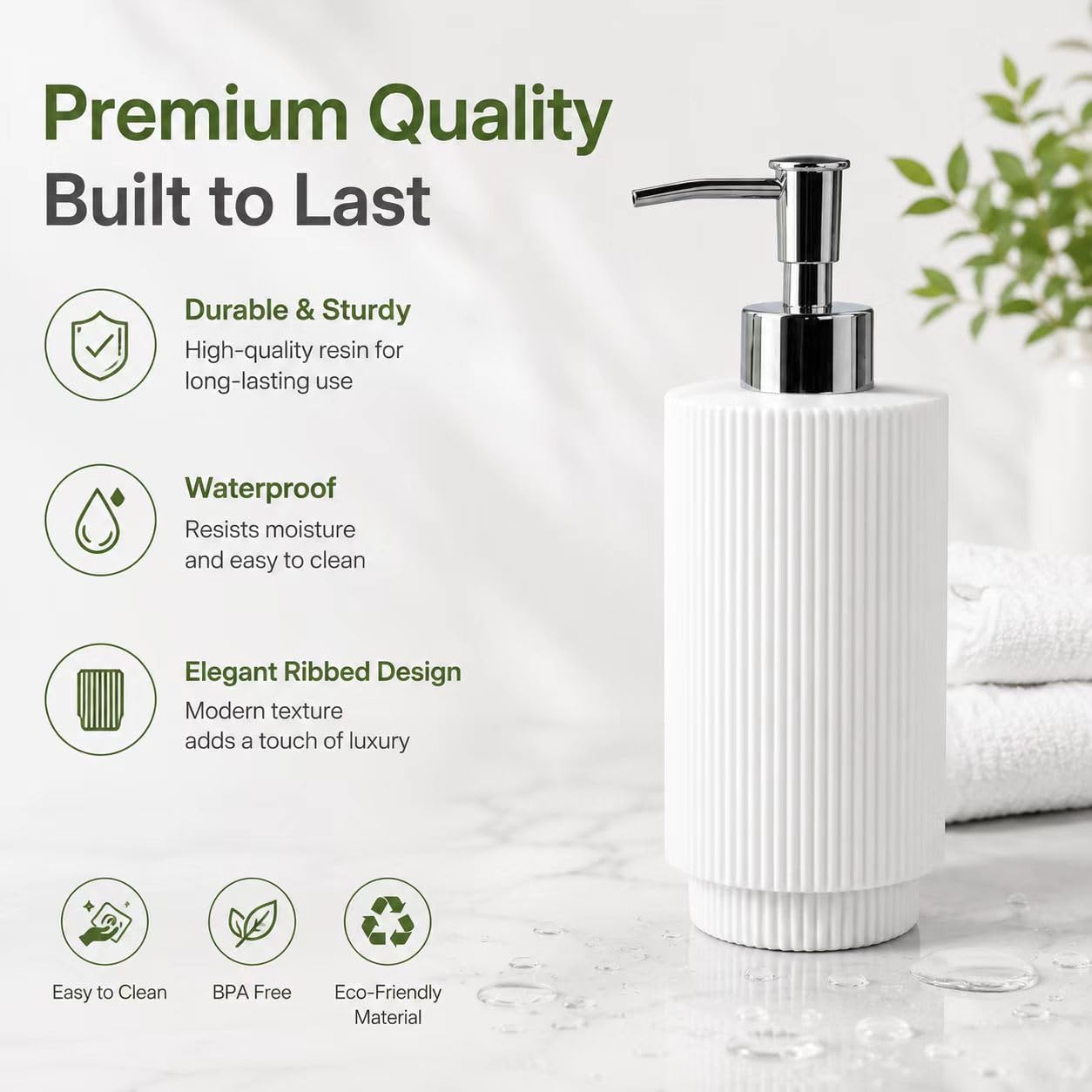 4 Pack Ribbed Resin Bathroom Accessory Set, White Bath Counter Decor with Soap Pump Dispenser, Toothbrush Cup, Toilet Brush & Soap Tray, Moisture Resistant Easy Clean Durable Bathroom Accessories Set