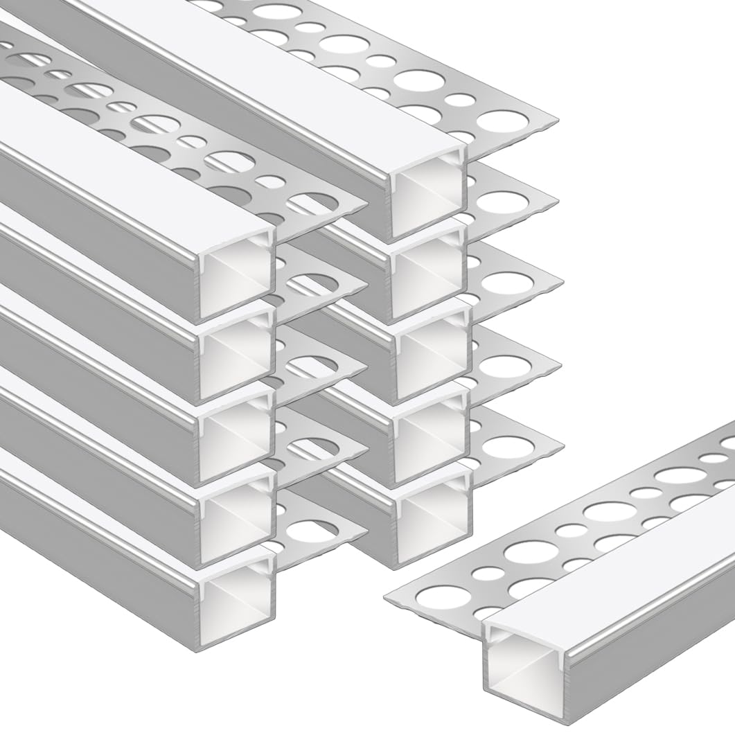 Plaster-in LED Profile, 10 Pack 3.3ft/1M Aluminum LED Profile with Milky Diffuser for 13mm LED Strip, Trimless Plaster Profile Single Sides Channel for Wall and Ceiling