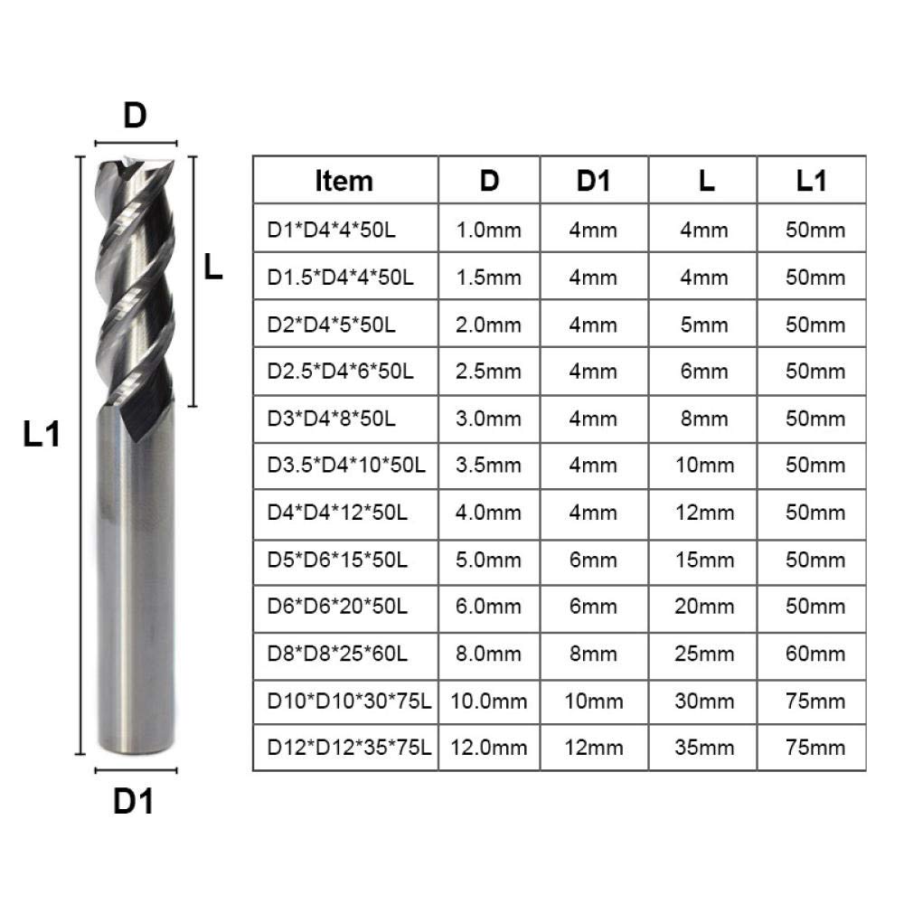 Hartmetall-Endmühle 4mm 6mm 8mm 10mm 12mm Aluminium-Fräser 3 Flöten-Wolfram-Mahlschneider CNC-Maschinen-Endfräser-D6xd6x20x50l.