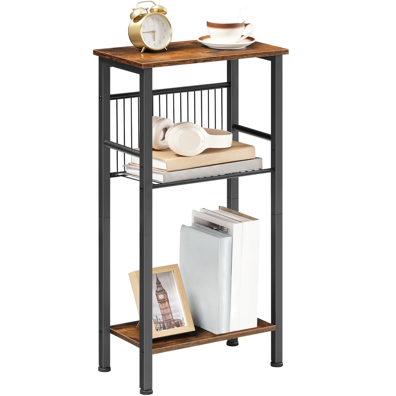 HOOBRO Console Haute et Étroite à 3 Niveaux de 40 cm, Étagère Ouverte, Étagère Réglable en Filet, Pieds Réglables, Anti-Basculement, pour Couloir, Salon, Canapé, Marron Rustique et Noir EBF41XG01