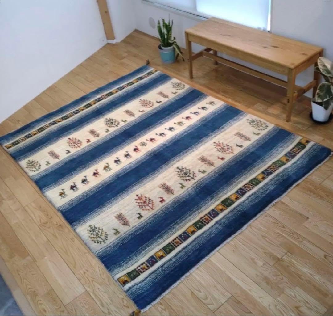 【感謝キャンペーン】ペルシャ　ギャッベ 205×160 青　ラクダ　生命の木 感謝キャンペーン】ペルシャ ギャッベ 205×160 青 ラクダ 生命の木