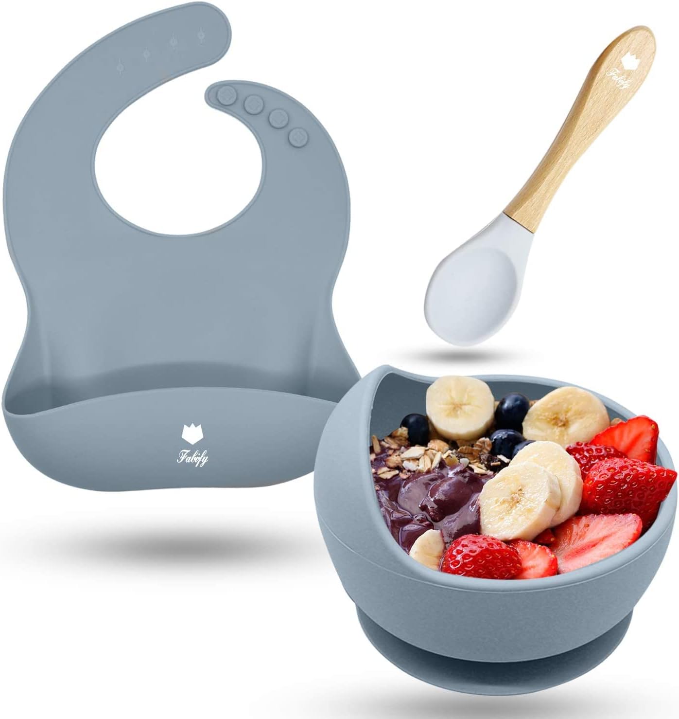 OriginalBaby Toddlers Infants Silicone Feeding Set | Baby Bowl + Baby Set with Wooden Spoon | Strong Suction Bowl | Adjustable Silicone Bibs | Baby Self Feeding Spoon (Blue)