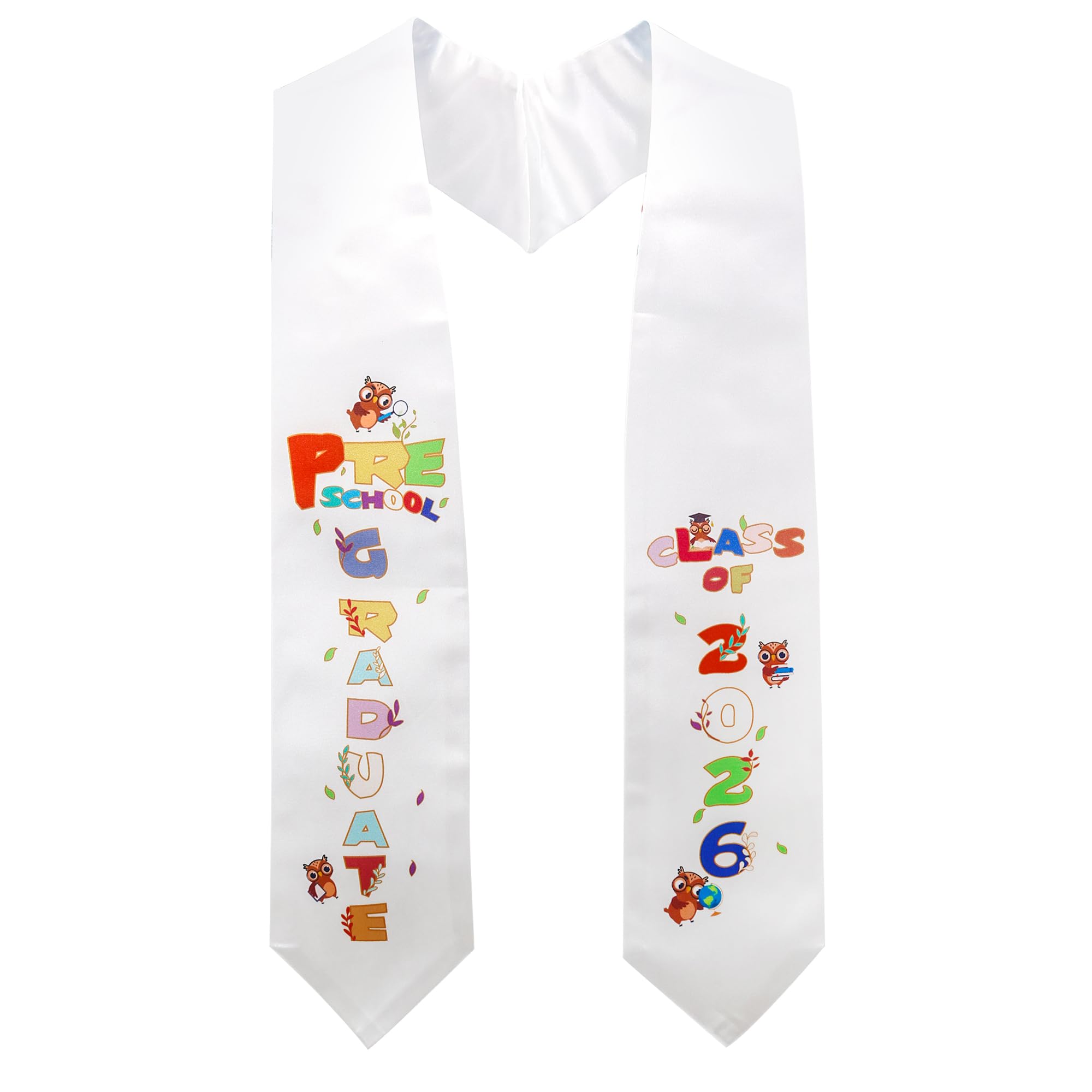 Graduationmall Boys White Shiny Preschool Graduation Stole For Kids Owl Printed Graduation Sash With Classic End 50" Long