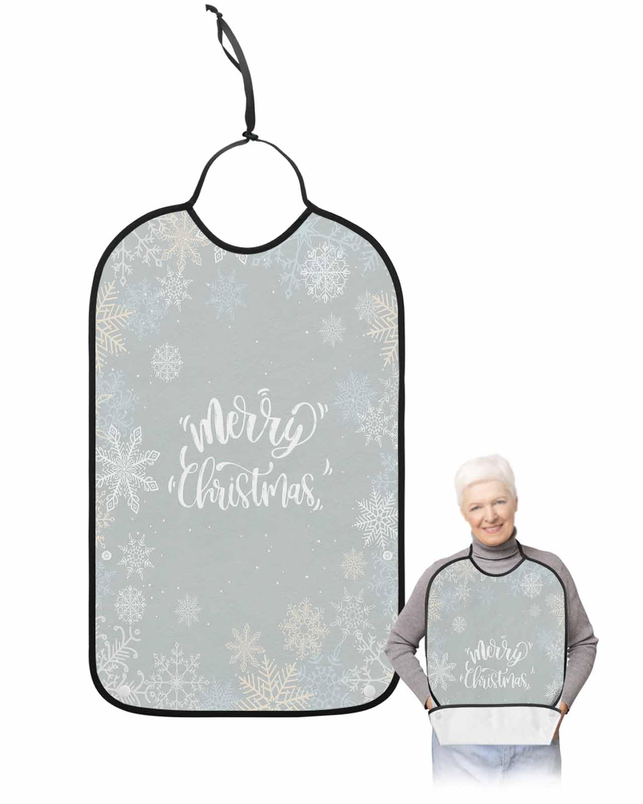 Christmas Adult Bib for Adults Men, Women, White Gold Aqua Blue Snowflakes Xmas Winter Washable & Adjustable Terry Cloth Bib with Crumb Catcher Reusable Waterproof Clothing Clothes Protector Apron