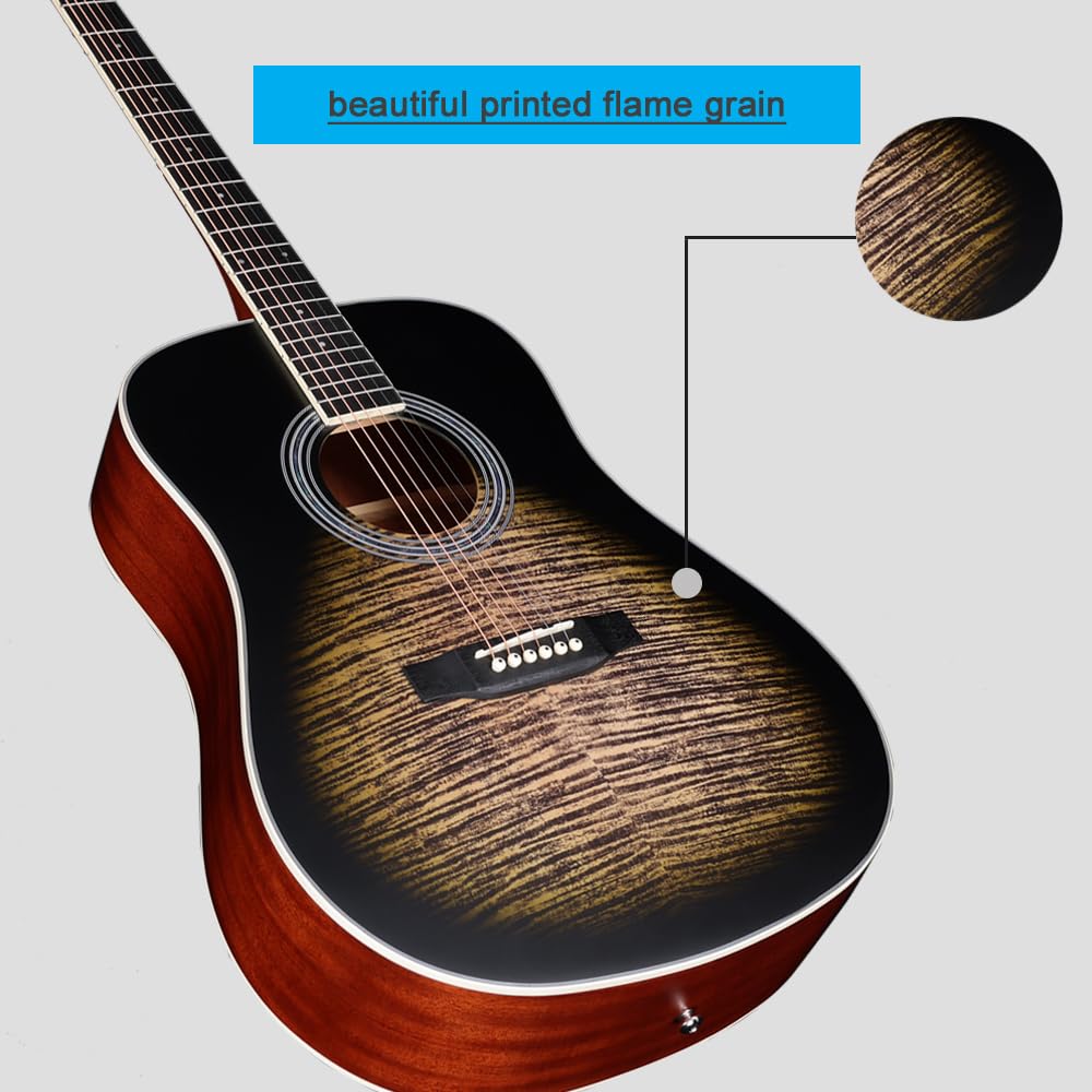 Winzz Akustik Gitarre 4/4, Western Gitarre Anfänger Erwachsene Schönes Geflammtes Design, Gitarre Kinder ab 12+ Jahre mit Stahlsaiten, Gitarre Einsteiger Set mit 11 Zubehör (Schwarz Matt, 41 Zoll)