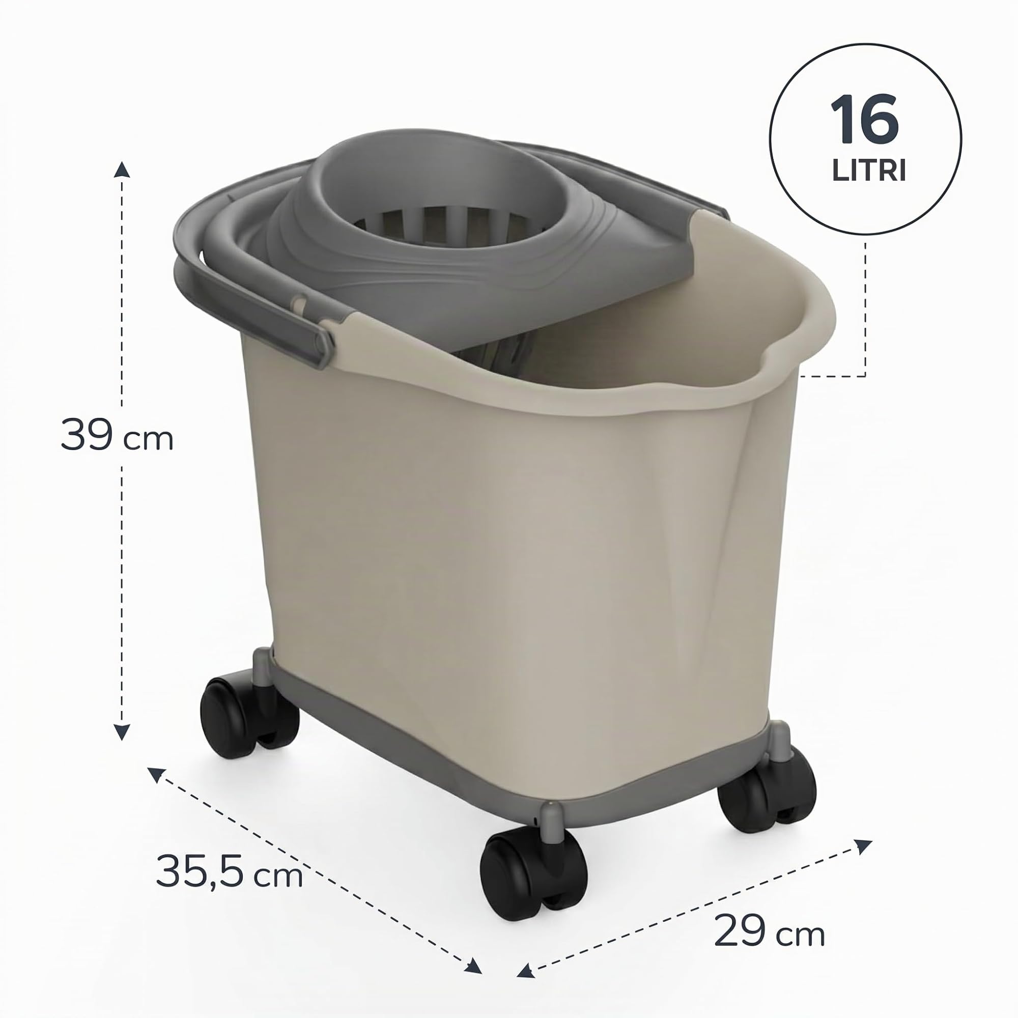 Recamania Secchio rettangolare in plastica con strizzatoio e ruote a 360°, colore beige, 16 l, 39 x 29 x 35 cm