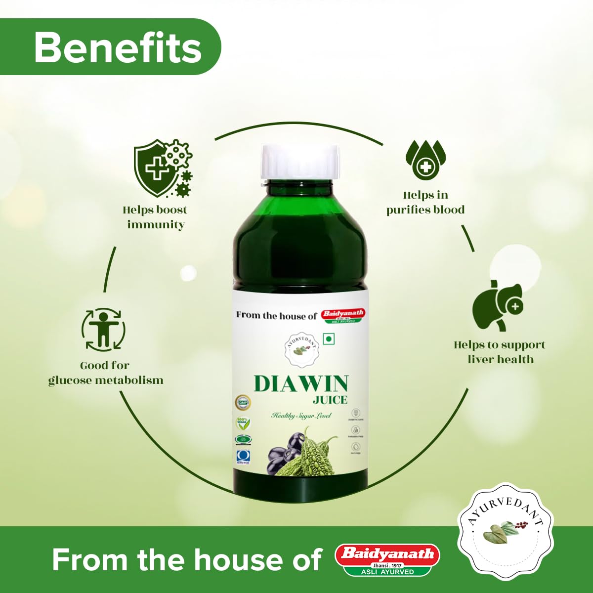 Ayurvedant Diawin Juice 1L – Ayurvedic Juice for Diabetes Care with Neem, Tulsi, Giloy, Jamun, Karela & Dalchini – Herbal Supplement 1