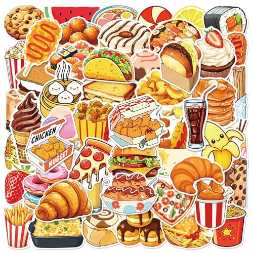 50 Pcs Fun Fast Food Stickers 1.96-3.15inch Cartoon Food Decorative Stickers Self-Adhesive for Scrapbooking Restaurant Decoration Party Setup (Colours-G5)