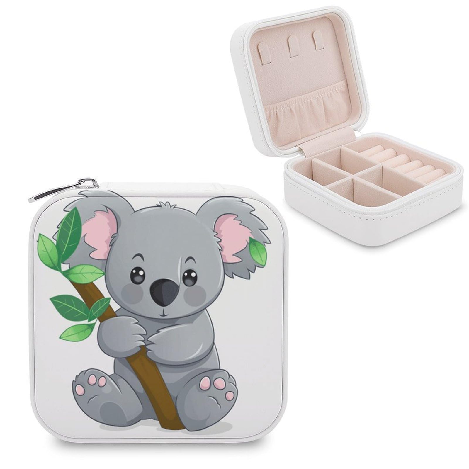 FekiLoot Green Leaf Koala Jewelry Box Custom Jewelry Travel Case Pu Leather Trinket Organizer Box to Organize Ring Pendant Earring Small Portable Jewelry Storage Holder for Women