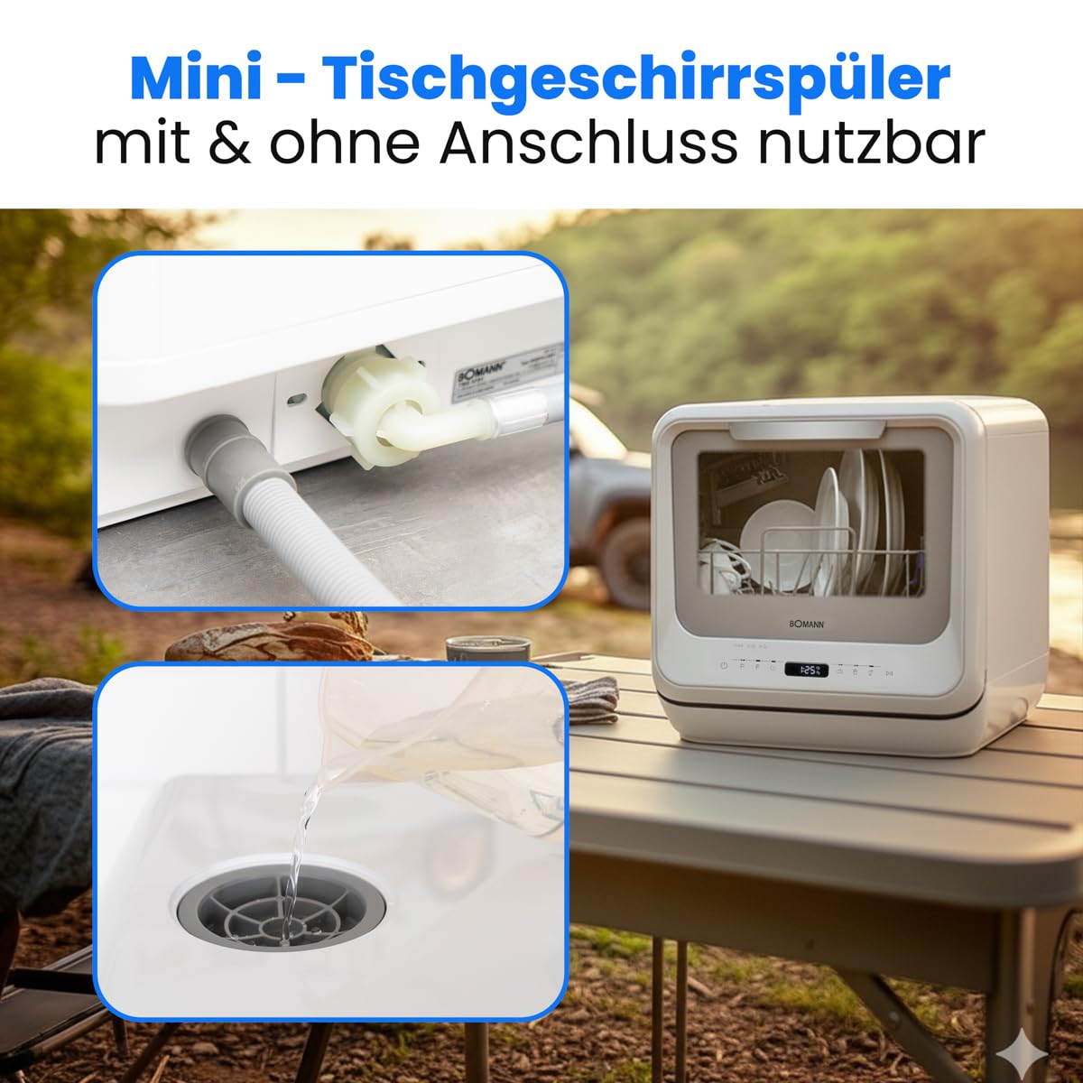 Bomann TSG 5704 Tischgeschirrspüler Mini Geschirrspüler 42cm 6 Programme 36-70°C leise Camping Spülmaschine