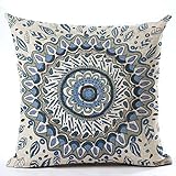 European colorful retro Floral Compass Medallion Home Cotton Linen Throw Pillow Case Personalized Cushion Cover NEW Home Office Decorative Square 18 X 18 Inches (Navy Blue Color)