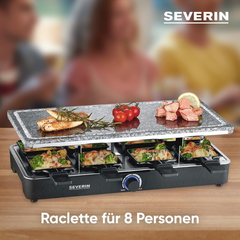 SEVERIN Raclette-Partygrill mit Naturgrillstein, Raclette mit Grillplatte aus Stein und 8 antihaftbeschichteten Pfännchen, Tischgrill für 8 Personen, max. 1300 W, schwarz, RG 2372