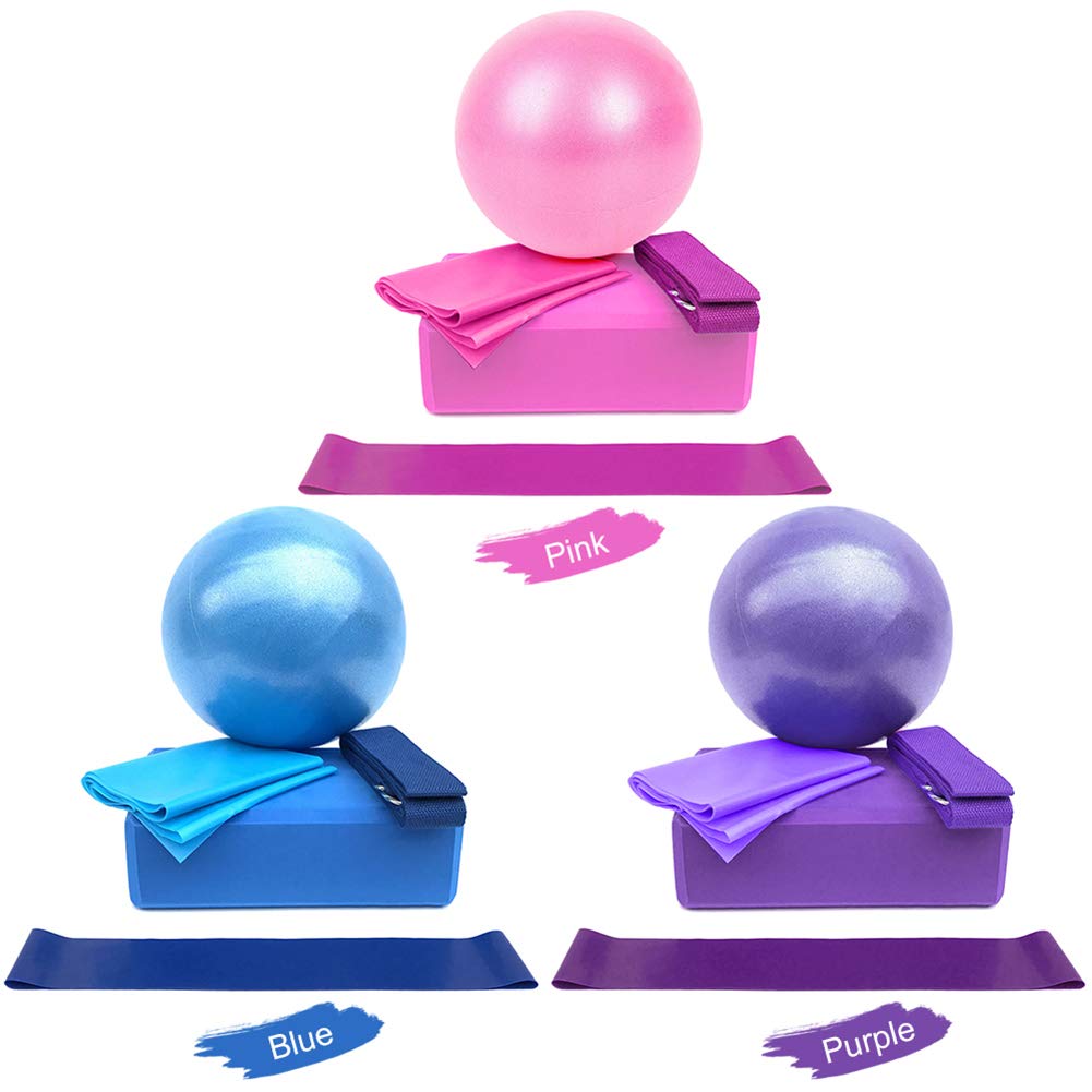 Set Di Attrezzi Da 5 Pezzi Per Yoga Pilates Ball Brick Stretching Strap Resistance Loop Blu Diametro della sfera: 25 cm