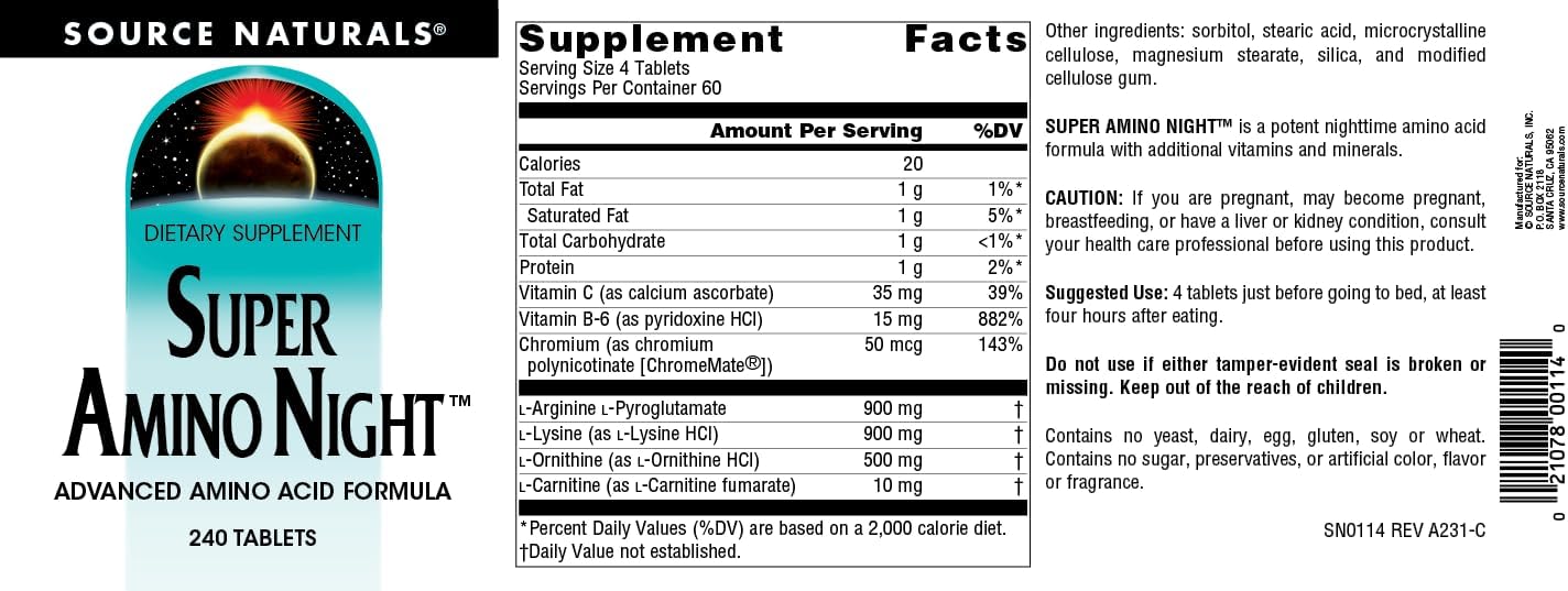 Source Naturals Super Amino Night - Advanced Amino Acid Formula* - 240 Tablets