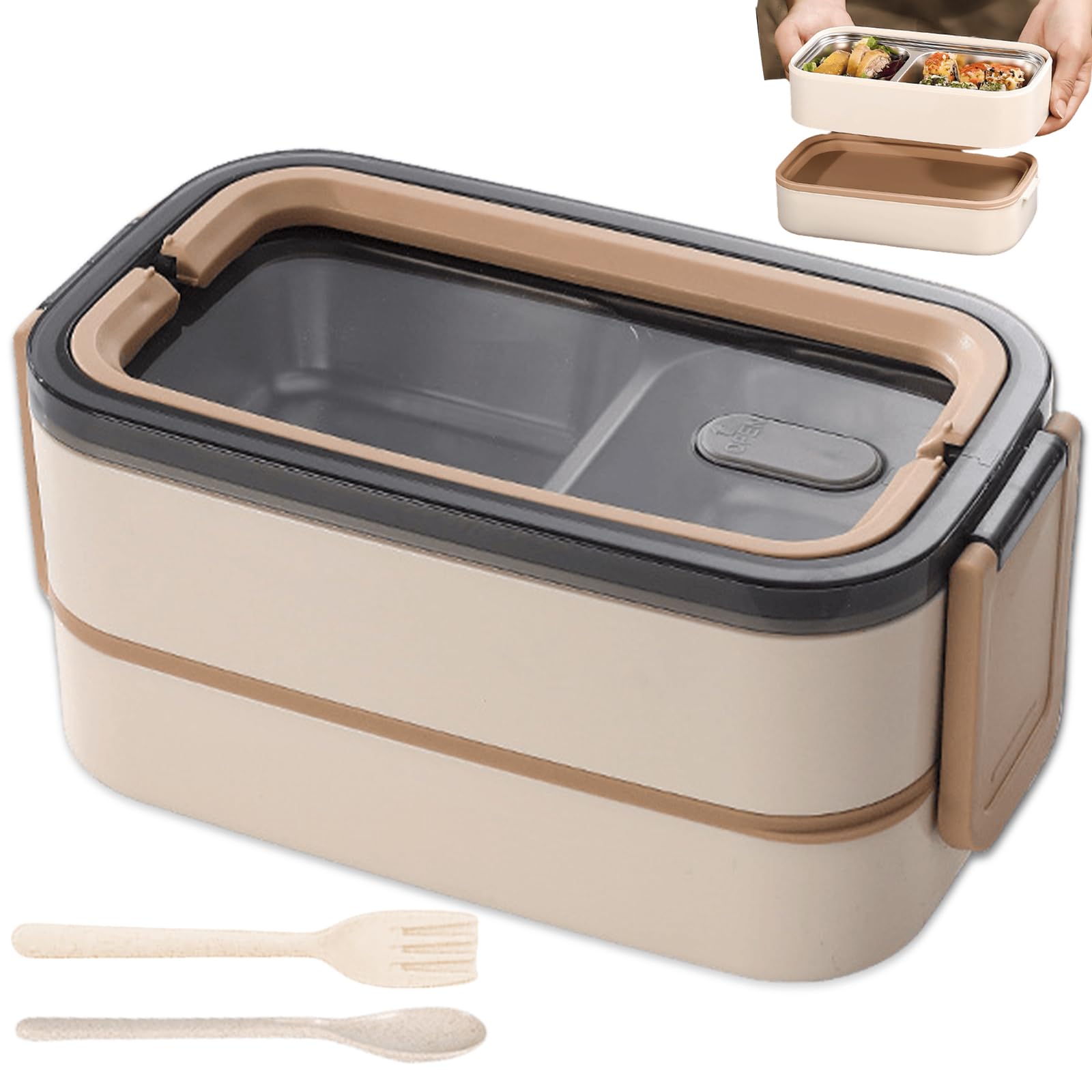 Contenitore per il pranzo, 1400 ml, con 2 ripiani, grande volume, a prova di perdite, in acciaio inox, ermetico, con set di posate, senza BPA, adatto al microonde