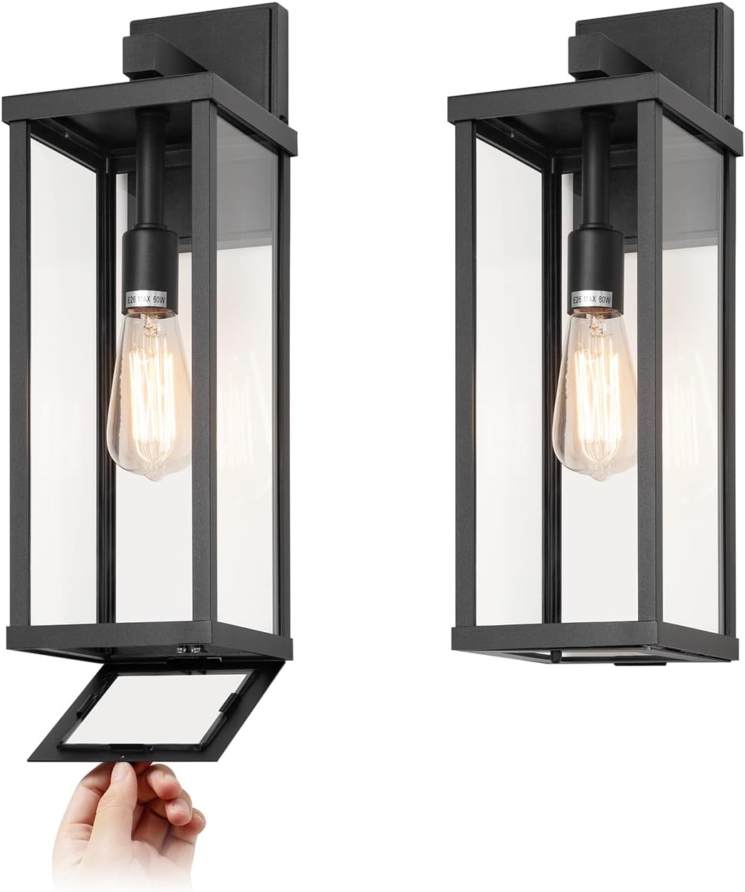 18" Classic Outdoor Wall Sconce 1 Light in Matte Black Rectangular Metal Frame and Clear Glass Shade Waterproof Porch Light Patio Light Pack of 2