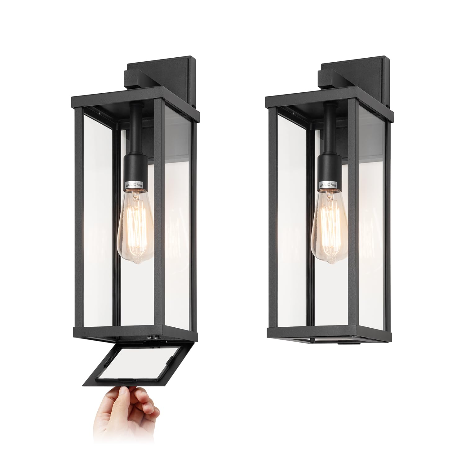 18" Classic Outdoor Wall Sconce 1 Light in Matte Black Rectangular Metal Frame and Clear Glass Shade Waterproof Porch Light Patio Light Pack of 2