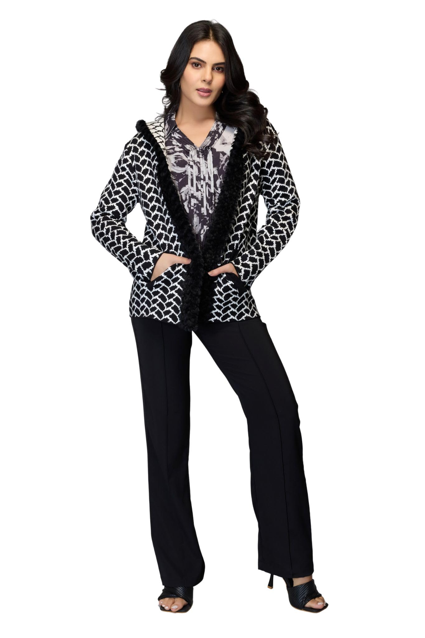 Women's Sleeveless Faux Fur Lined Hooded Cardigan Sweater with Geometric Pattern – Viscose Blend