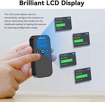 Alacrity Portable 1D 2D Wireless Barcode Scanner with LCD Display, Bluetooth 2.4 GHz Wiredess USB Wired 3 in 1, Lightweight Mini QR Code Readers for Computer, Tablet, Smartphone
