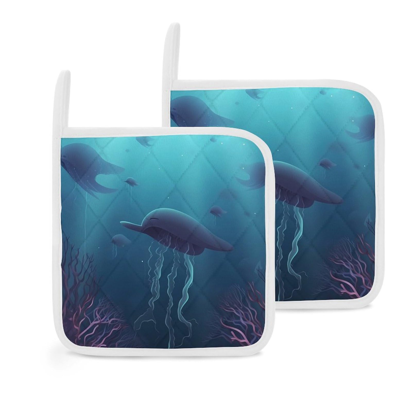 Pot Holders Set of 2 Kitchen Heat Resistant Potholders Fish Jellyfish Theme Cotton Lining Oven Hot Pads for Cooking Baking BBQ Microwave Kitchen Accessories