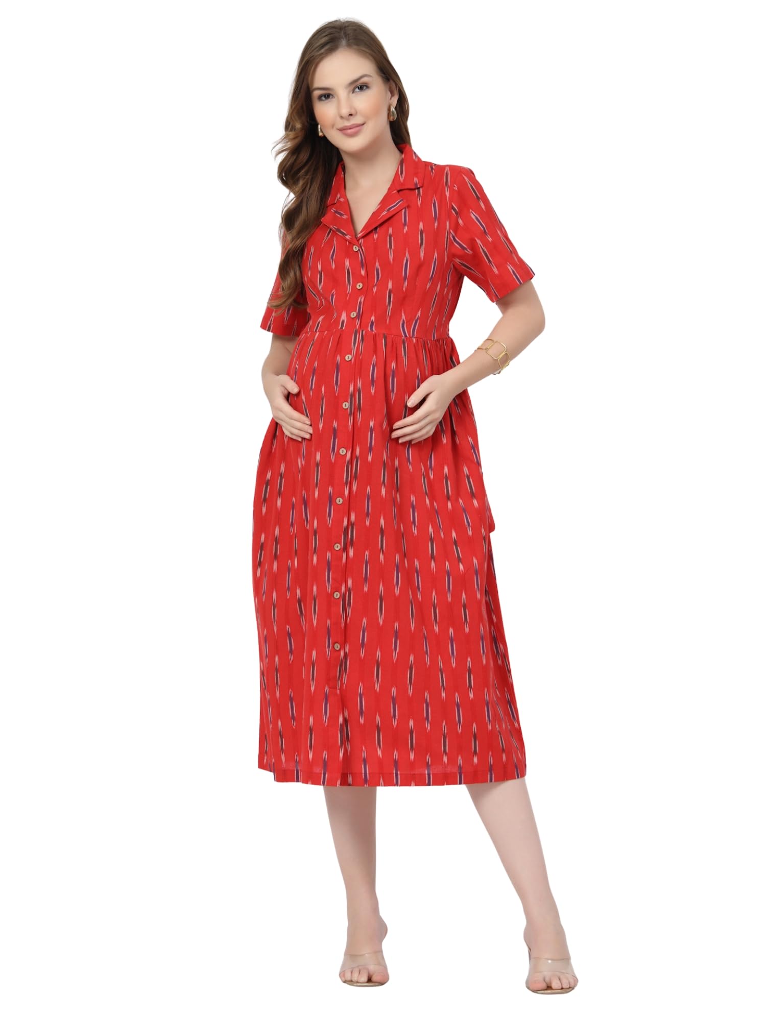 zelena Cotton Zipless Ikat Maternity Nursing Tiered Shirt Midi-picture-25