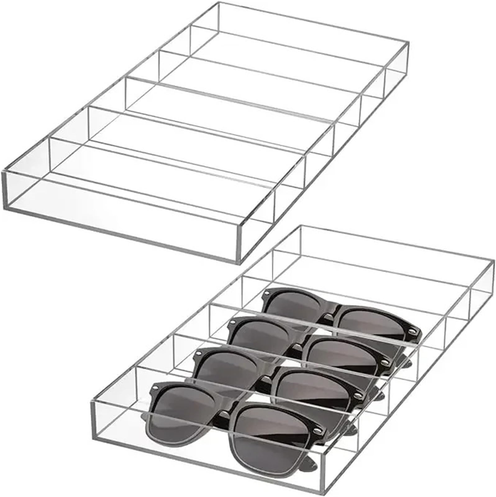 Paquete de 2 bandejas transparentes for exhibición gafas sol con 6 compartimentos, estuche almacenamiento organizador cajones for joyas, bandeja maquillaje Para Gafas Joyería Reloj
