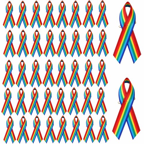 Image of 100pcs Rainbow Awareness Ribbons with Safety Pins Grosgrain Ribbon 1.4 * 3 inch