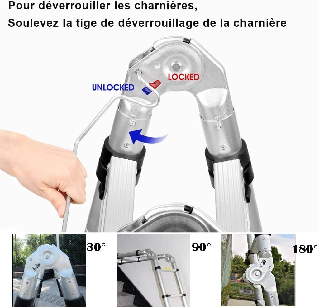 Échelles Coulissantes 3,8m avec stabilisateur, Échelle télescopique Portable et Pliante Antidérapante Escabeau Échelle pour Travail Domestique et Extérieur, Capacité de 330lbs Argent